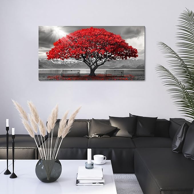 AJAZIKO Red Wall Art - Modern Framed Wall Art for Living Room - Red Tree Black and White Landscape Canvas Prints Posters & Prints for Home Office Bedroom Decorations - Large Wall Pictures 20×40IN-Ruum Studio Home