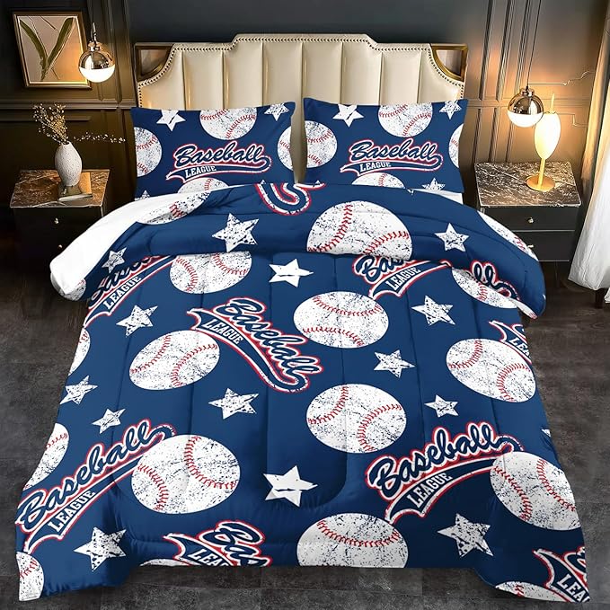Baseball Comforter Set Twin,Sports Bedding Sets for Boys,Blue Sports Comforter Twin Bedroom Decor,Baseball Bedding Teen for All Seasons,Blue Quilt Kids Bedroom Decor-Ruum Studio Home