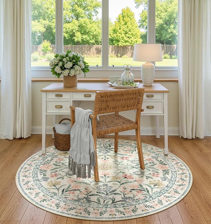 Wonnitar Round Washable Rug, Soft Floral Round Rugs 5ft Circle Carpets for Bedroom Ultra-Thin, Boho Beige Print Distressed Circular Carpet for Living Room Dorm Bedside-Ruum Studio Home