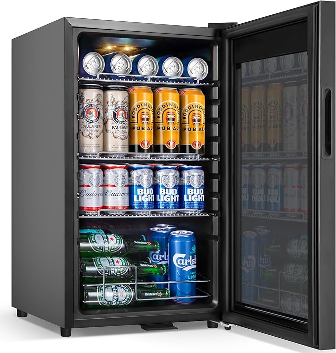 Beverage Refrigerator Cooler, 17 Inch 120 Cans Freestanding Mini Fridge with Glass Door, Adjustable Shelves and LED Light, Small Drink Fridge Counter-top Beer Fridge for Bedroom Office Bar-Ruum Studio Home
