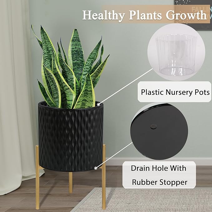 ARNIS Plants Pots with Stand, Set of 2 Planters, Unique Mid Century Decorative Metal Flower Pots with Drainage, 8.25 & 10.5 Inch, Black-Ruum Studio Home