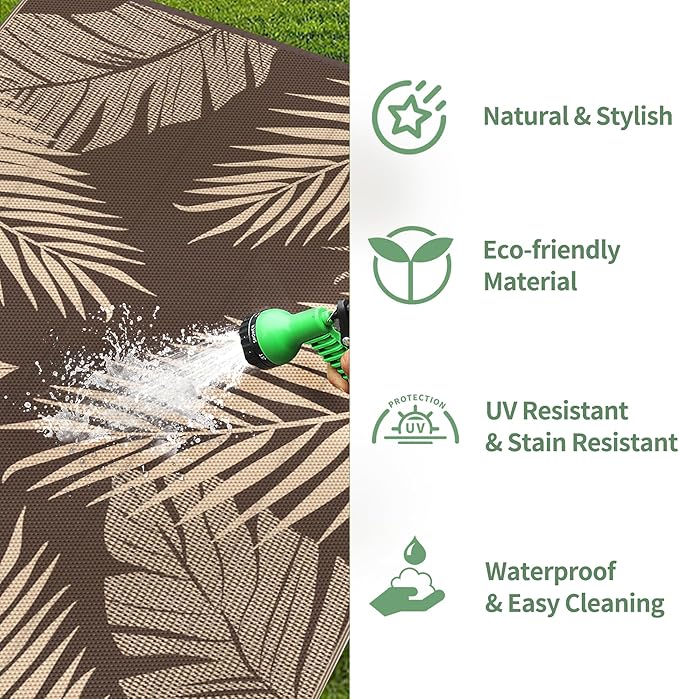 GENIMO Outdoor Rug 8' x 10' Waterproof for Patios Clearance, Reversible Outdoor Plastic Straw Camping Rug Carpet, Large Area Rugs Mats for RV, Camper, Deck, Balcony, Porch, Beach, Picnic, Coffee&Beige-Ruum Studio Home