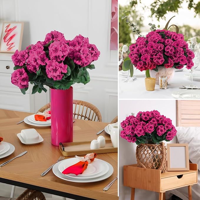 Hananona 12 Pcs Artificial Geranium Flowers for Outdoors Geranium Silk Flowers Outdoor UV Resistant Garden Plants Faux Flowers for Ptio Front Door Kitchen Table Centerpieces Home Decor (12, Rose Red)-Ruum Studio Home