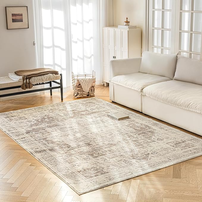 6'x9' Area Rug - Vintage Persian Medallion Design Low-Pile Faux Wool Rug, Non-Slip Backing, Machine Washable, for Living Room, Dining Room, Bedroom (Cream/Taupe)-Ruum Studio Home