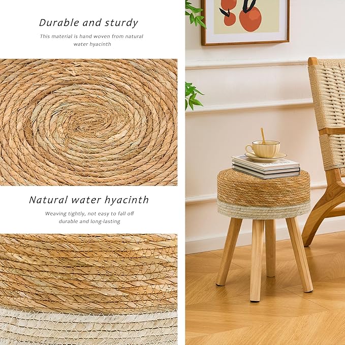 Handwoven Outdoor Ottoman, Water Hyacinth Pouf Round Patio Footstool with Wood Legs, 17-Inch Multipurpose Vanity Stool, Dining Chair, Patio Footrest for Balcony and Garden, White-Ruum Studio Home