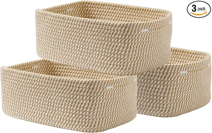 Small Woven Basket, 13.5 x 9.5 x 5 Inches, Storage Basket for Organizing, Cute Small Rope Shelf Closet Cube Storage Bins Baskets for Shelves, Dog Toy Gift Baskets Empty, 3 Pack Brown-Ruum Studio Home