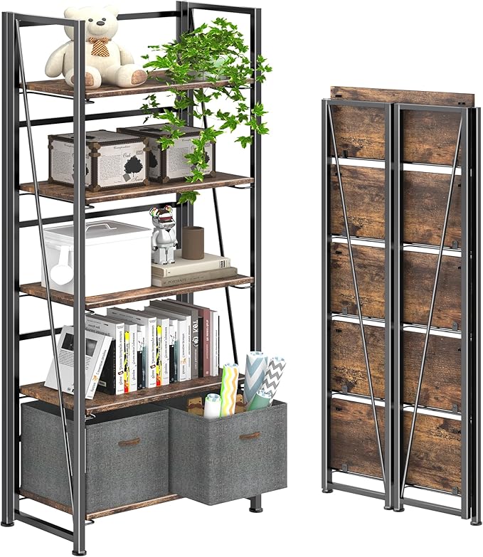 4NM No Assembly Foldable Bookshelf, 5-Shelf Collapsible Bookcase Storage for Small Spaces, 62.2" H, Rustic Brown and Black-Ruum Studio Home