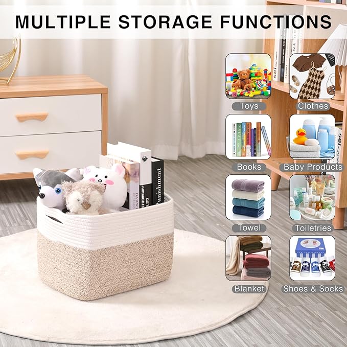 Storage Baskets for Organizing, Woven Cotton Rope Basket for Storage Books, Baby Organizing Baskets, Toy Storage Basket, 15"x11"x9.5", 3 Packs, Off White & Brown-Ruum Studio Home