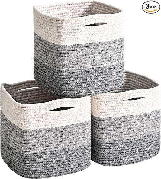 11 Inch Cube Storage Bins, Storage Cube Organizer Bins, Woven Cotton Rope Basket for Storage, Storage Baskets for Organizing Shelves, Grey Baskets for Toys, Gradient Grey (Pack of 3)-Ruum Studio Home