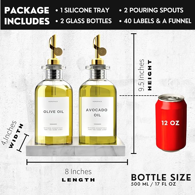 Olive Oil Dispenser For Kitchen With Silicone Tray & 40 Labels, Soy Sauce Dispenser, Coffee Syrup Dispenser, Olive Oil Bottles Set Of 2, Gold 500ml / 17oz-Ruum Studio Home