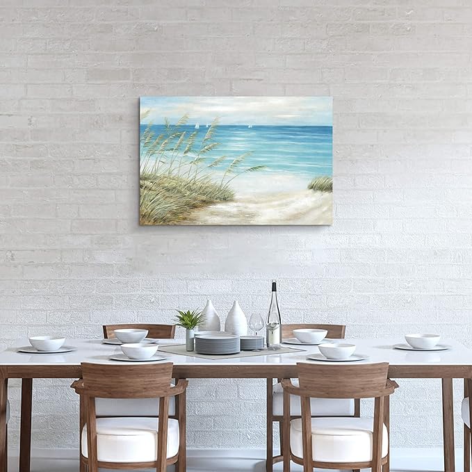 Beach Coastal Canvas Wall Art: Sea Reed Hand Painting Vintage Abstract Blue Ocean Boat Nautical Pictures Modern Seascape Grass Path Artwork Decor for Bathroom Bedroom-Ruum Studio Home