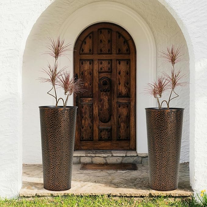 Worth Garden 2-Pack 28" H. Metal Planters with 2X Inside Pots - Hand-Hammered Texture Tall Narrow Cone Plant Pots - Large Handcrafted Bronze Flower Pot for Indoor Outdoor, Deck, Patio, Front Porch-Ruum Studio Home