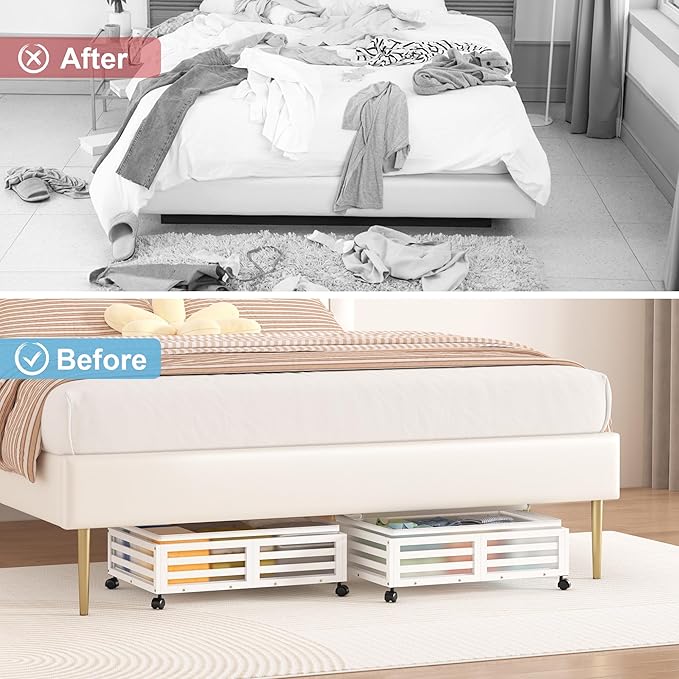 Under Bed Storage Containers With Wheels - 2 Pcs Bamboo Wood Rolling Underbed Shoe Storage Bins With Dust Bags for Clothes Blankets, Duvet Covers Snacks Toys (White)-Ruum Studio Home