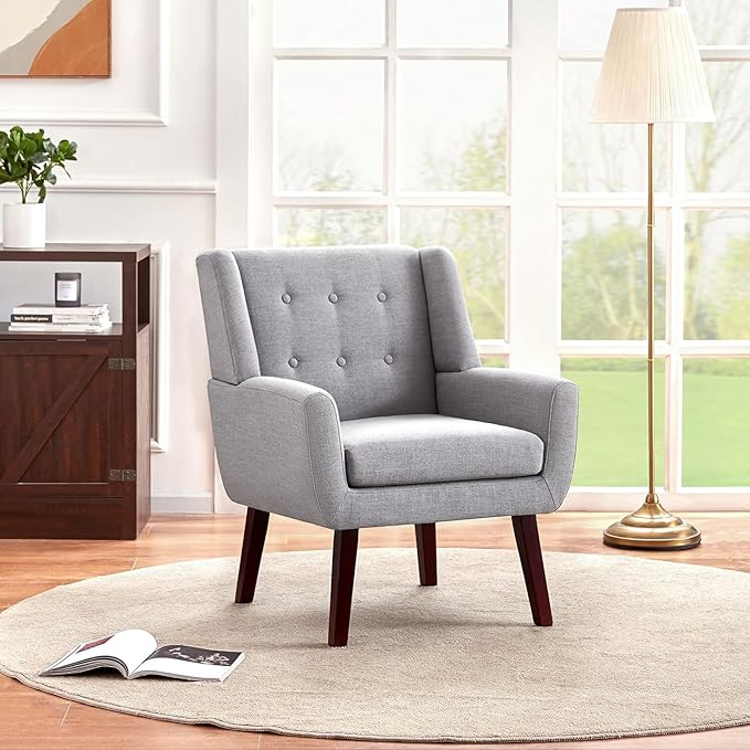 HUIMO Accent Chairs Set of 4, Upholstered Button Tufted Armchair, Linen Fabric Sofa Chairs for Bedroom, Living Room, Mid Century Modern Comfy Reading Chair (4, Light Grey)-Ruum Studio Home