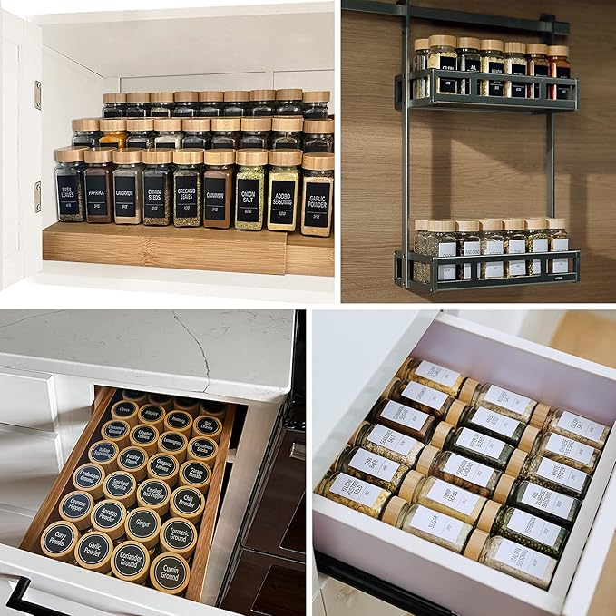 Churboro 48 Spice Jars with Labels- Spice Jars with Bamboo Lids - 4 Oz Glass Spice Containers with Shaker Lids, 547 Spice Labels of 3 Different Types Seasoning Jars for Spice Rack, Cabinet, or Drawer-Ruum Studio Home