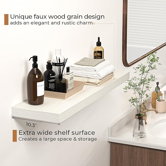 Floating Shelves - 10.3 Inch Deep Wall Shelf for Decor & Storage - Wall Mounted Display Shelving with Invisible Heavy-Duty Metal Bracket - 36" W x 10.3" D x 1.8" H - Set of 1 - Rustic White-Ruum Studio Home