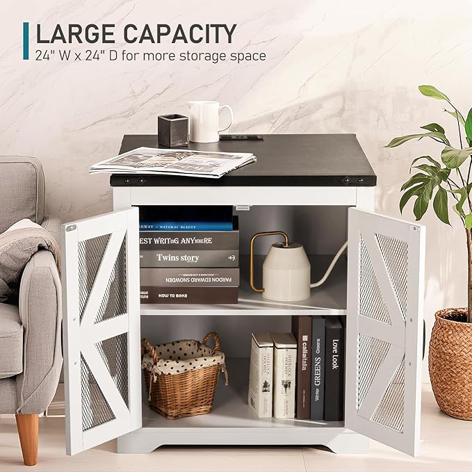 Farmhouse End Table, 24" Large Sofa Side Table with Charging Station, Mesh Barn Door, White Nightstand with Adjustable Storage Shelf, Square Nightstand for Living Room, Bedroom, Office-Ruum Studio Home