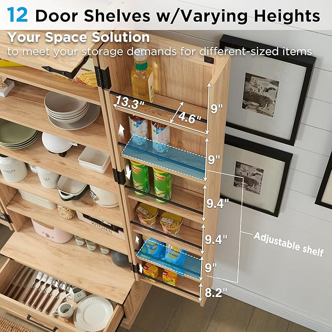 72" Tall Rattan Kitchen Pantry Cabinet with Drawer, Boho Storage Cabinet with 2 Rattan Doors and Shelves, Versatile Large Cabinet for Dining Room, Bathroom, Living Room, Laudry, Natural Oak-Ruum Studio Home