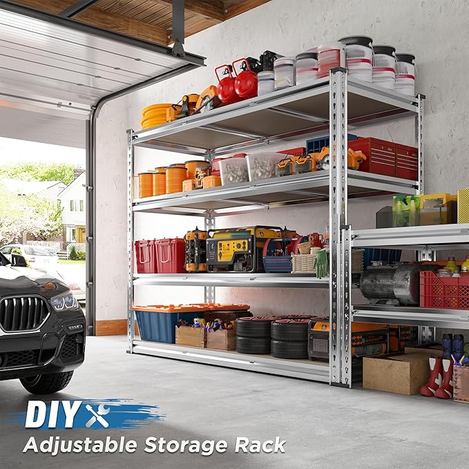 REIBII Garage Shelving, 4 Tier Storage Shelves Load 2000LBS, Adjustable Garage Shelving Heavy Duty, Metal Shelves Unit for Basement, Warehouse, 48" W x 60" H x 18" D, Galvanized-Ruum Studio Home
