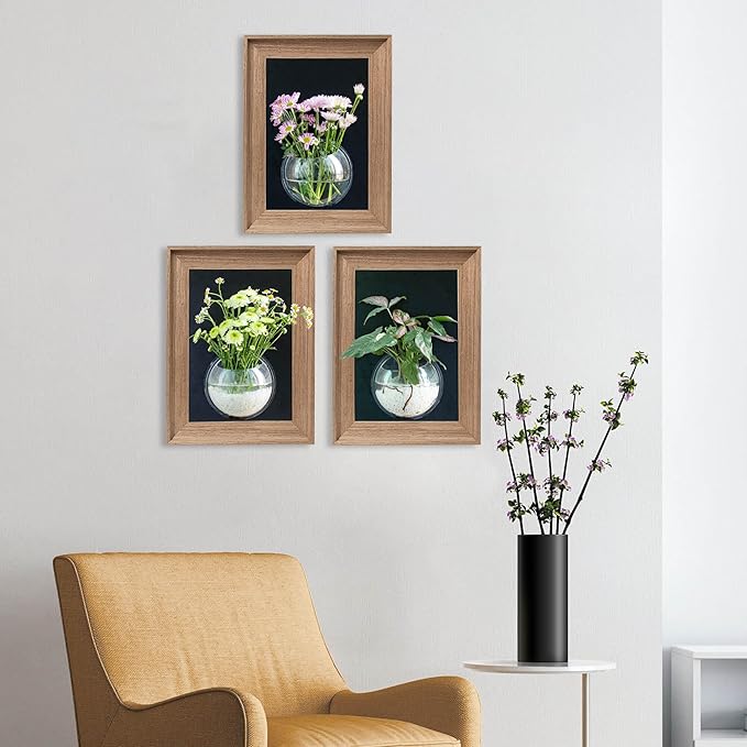 Walnut Wooden Frame Wall Hanging Planter for Hydroponic Plants，12'' x16''inch Wall Vase with Oblate-Shaped Acrylic Propagation Station，Bathroom, Office, or Living Room Decor, Set of 3-Ruum Studio Home