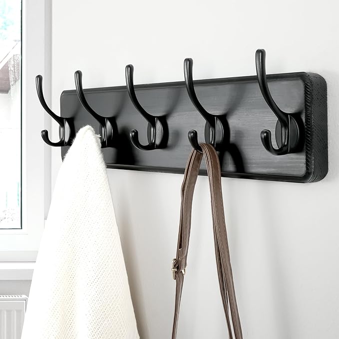 Dseap Coat Rack Wall Mount: Modern, Patented, Heavy-Duty, 17.4" Long 5-Double-Hooks Wooden Hanger Hook Rail for Winter Coats Hat Jacket Clothing, Black-Ruum Studio Home