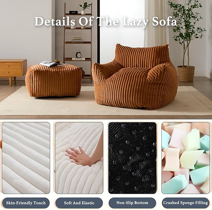 Oversized Bean Bag Chaise Lounge Chair Indoor for Adults with Armrests & Ottoman - Giant Comfy Orange Beanbag Floor Sofa Cloud Accent Chair for Reading, Gaming, Cozy Plush Cloud Mini Couch-Ruum Studio Home
