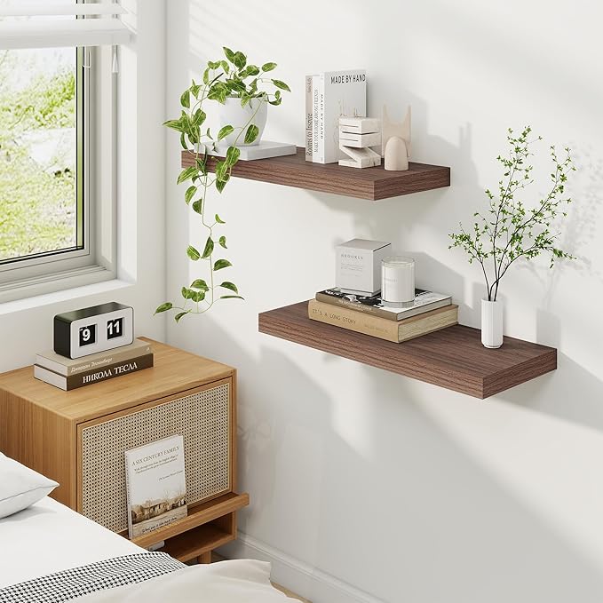 Fun Memories 24 Inch Floating Shelves for Wall, 9 Inch Deep Walnut Rustic Wood Wall Mounted Shelves for Bathroom, Kitchen, Living Room, Set of 2-Ruum Studio Home