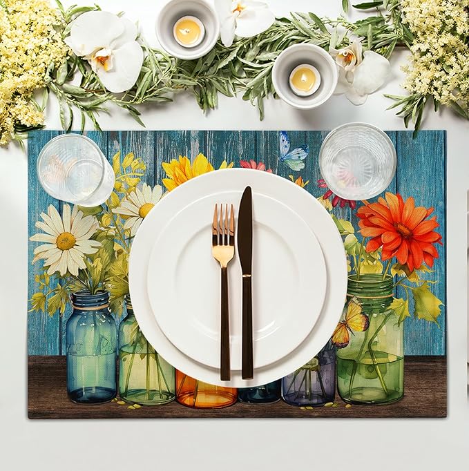 Rustic Daisy Placemats Set of 4 Vintage Flower Vases Wood Grain Linen Table Mats 12x18 Inch Summer Floral Wooden Board Farmhouse Washable Place Mat for Party Kitchen Dining Outdoor Indoor Decor-Ruum Studio Home