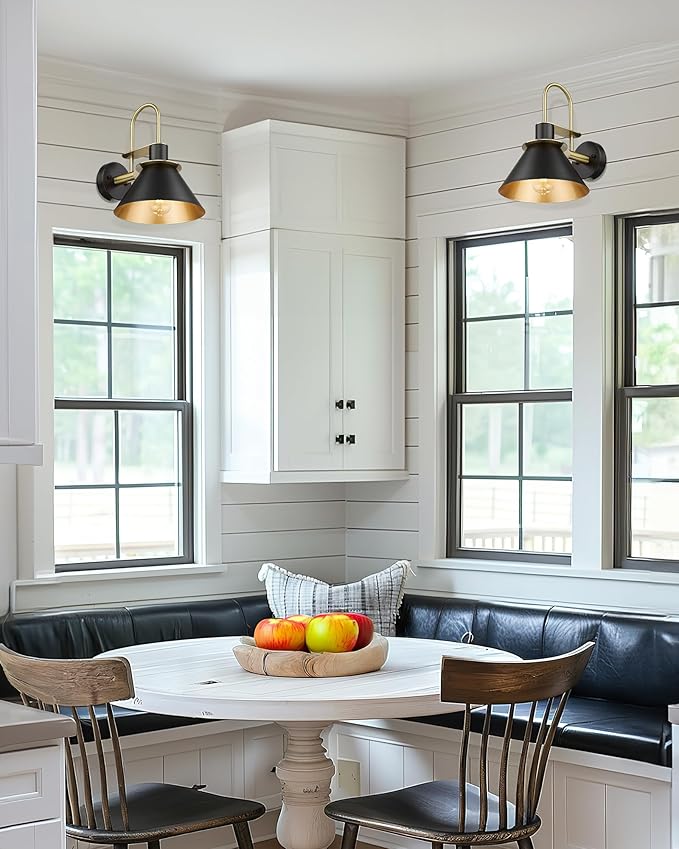 Wall Sconces Set of Two, HWH Modern Sconce Wall Lighting, 1-Light Gooseneck Barn Vanity Light, Industrial Wall Lamp for Bedroom Kitchen Bathroom, Black and Gold Finish, 5HZG56B-2L BK+BG-Ruum Studio Home