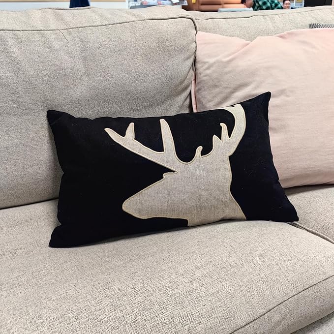 Lumbar Pillow Covers 12x20 Inches Black Decorative Cotton Linen Deer HeadThrow Lumbar Waist Embroidered Cushions Covers for Couch Sofa Bedroom-Ruum Studio Home