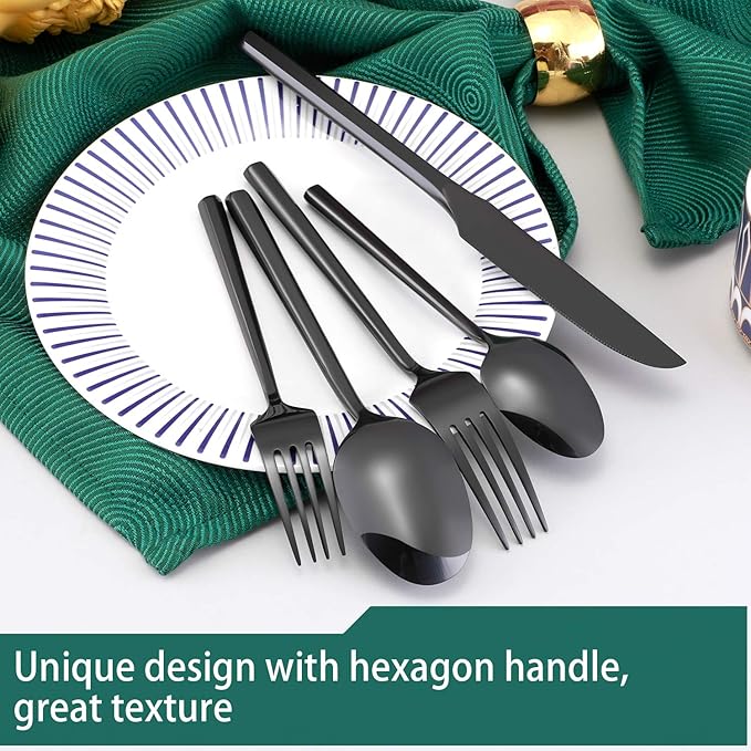 Hand Forged Stainless Steel Flatware Set Silverware Set Cutlery Set Hexagon Handle Black Mirror Finished 20 Pieces Service for 4-Ruum Studio Home
