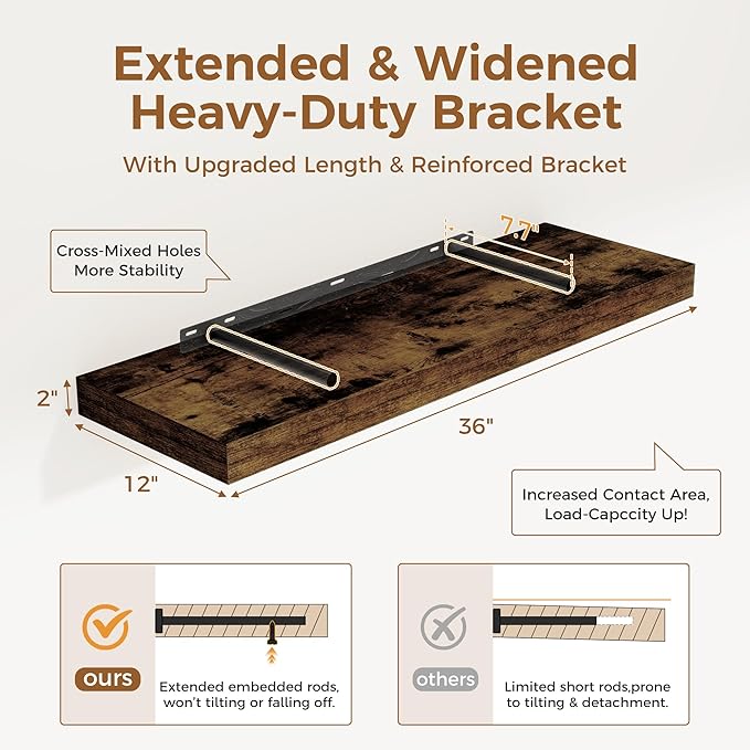 Floating Shelves 36 Inch Long, 12 Inch Deep Floating Shelves for Wall, 36 x 12 Shelves for Wall Storage & Display, 2" Thick Floating Shelf for Bathroom, Living Room, Rustic Brown Color, Set of 2-Ruum Studio Home