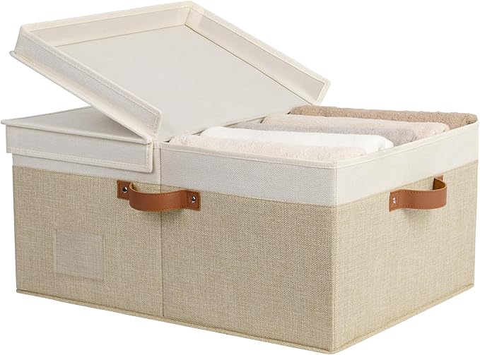 GRANNY SAYS Decorative Storage Boxes with Lid, Large Storage Bins with Double-Open Lid and Divider, Fabric Storage Bin for Clothes, 63L Closet Linen Storage Bin, White/Khaki-Ruum Studio Home