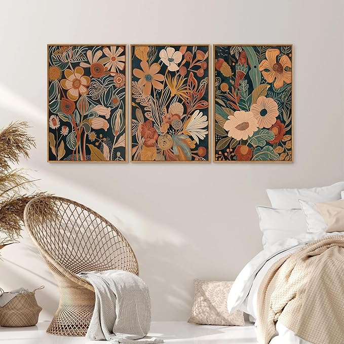 Tinonedraw Vintage Burnt Orange Floral Framed Canvas Wall Art Set of 3, Boho Chic Flower Artwork, Mid Century Modern Plant Wall Decor, Colorful Neutral Botanical Art Prints for Bedroom Living Room Office 16"x24"-Ruum Studio Home