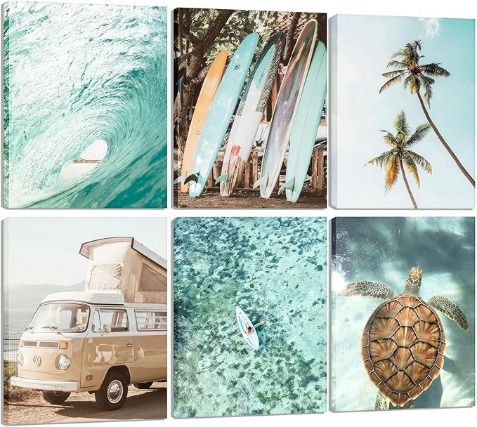 Set of 6 Tropical Beach Canvas Wall Art Surf Poster Summer Ocean Coastal Pictures Turtle Print Palm Tree Surfboard Gallery Paintings Nautical Bus Wall Decor for Bedroom Bathroom Framed-Ruum Studio Home