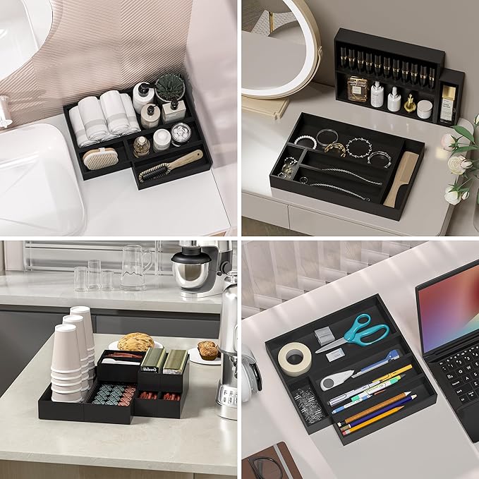 Kitchen Drawer Organizer Bins, Stackable Bamboo Drawer Organizer for Silverware, 2 Pcs Toilet Paper Basket Holder, Wood Bathroom Tray Countertop, Toilet Tank Tray Black 15" x 6" x 2.5"-Ruum Studio Home
