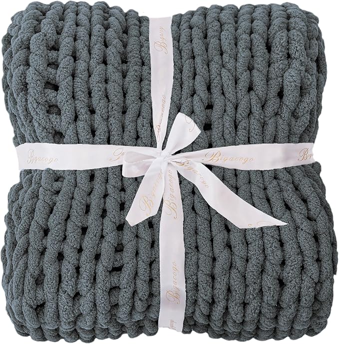 Bigacogo Chunky Knit Throw Blanket for Couch, 40x60 inches, 100% Hand Knitted with Thick Jumbo Chenille Yarn, Cozy Soft Large Rope Knot Cable Crochet Blankets for Sofa Bed Living Room, Iron Gray-Ruum Studio Home
