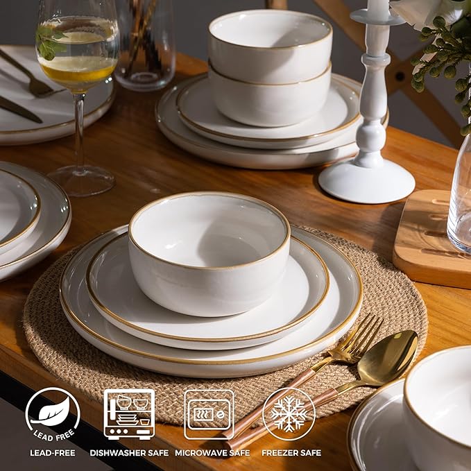 GBHOME Ceramic Dinnerware Sets for 4, 12 Pieces Stoneware Plates and Bowls Sets, Scratch Resistant Dishes, Dishwasher & Microwave Safe, Reactive Glaze-White-Ruum Studio Home