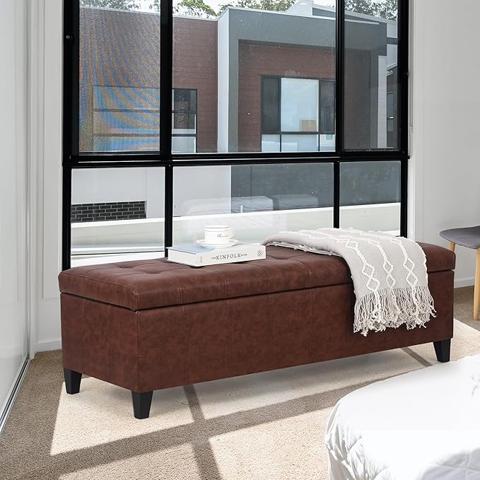 Joveco 51 Inch Storage Ottoman Bench,Tufted Leather Storage Bench for Bedroom (51”,Brown)-Ruum Studio Home