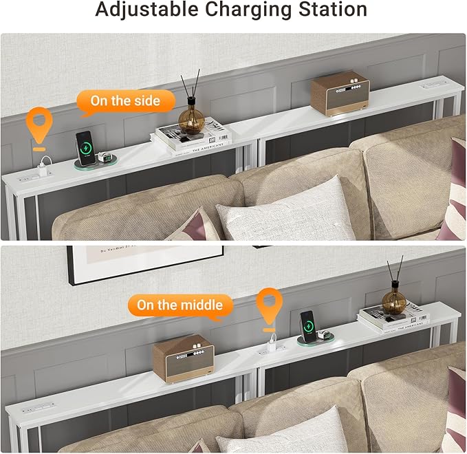 ELYKEN 2 Pack 5.9" Narrow Console Sofa Table with Power Outlets, 5.9" Dx39.4 Wx31.1 H Long Couch Table with Metal Frame and Charge Station with 6.5’ Extension Cord, White-Ruum Studio Home