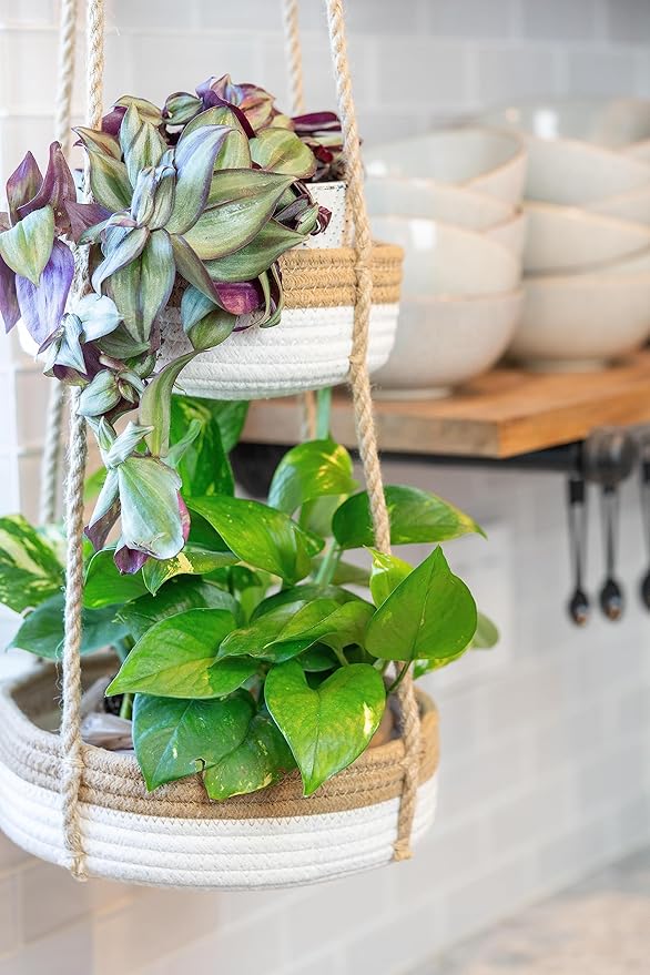 CEDAR+PINE 3-Tier Lined Hanging Fruit Basket Natural Woven Cotton with Strong Jute Rope Hanger in Gift Box Modern Hanging Basket for Kitchen-Ruum Studio Home