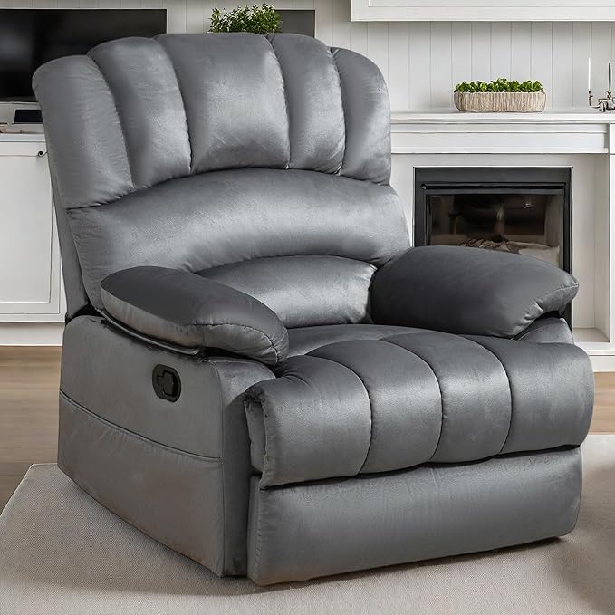 Luxlen Manual Recliner Chair, Reclining Chair with Overstuffed Armrest and Backrest, Living Room Single Sofa Recliners,Light Grey-Ruum Studio Home