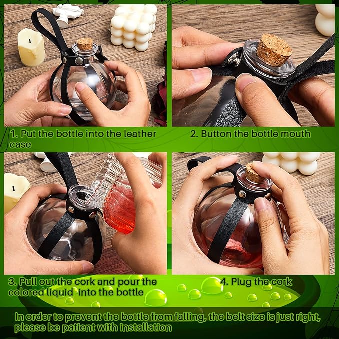 Patelai 2 Pcs Halloween Glass Potion Bottles with Belt Cork Renaissance Witch Costume Accessories Witch Props Potion Bottle for Halloween Party Decor Cosplay DIY Crafts Gift (Black)-Ruum Studio Home