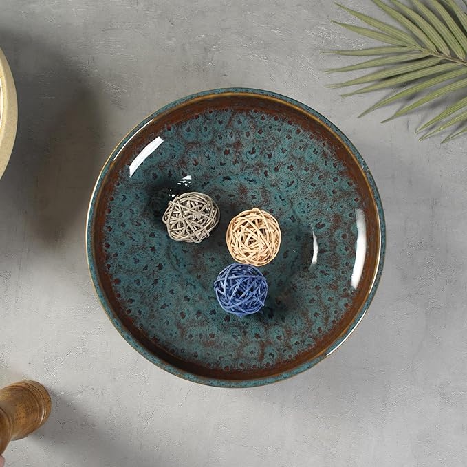 Ceramic Fruit Bowl for Kitchen Counter,Decorative Pedestal Bowl for Table Countertop,Large Footed Serving Bowl,10.2 Inch (peacock Green)-Ruum Studio Home
