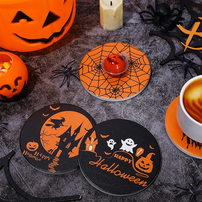 4Pcs Halloween Coasters Orange Black Round Ceramic Coaster Trick or Treat Heat-Resistant Cup Mats for Wooden Table Protection Home Party Supplies-Ruum Studio Home