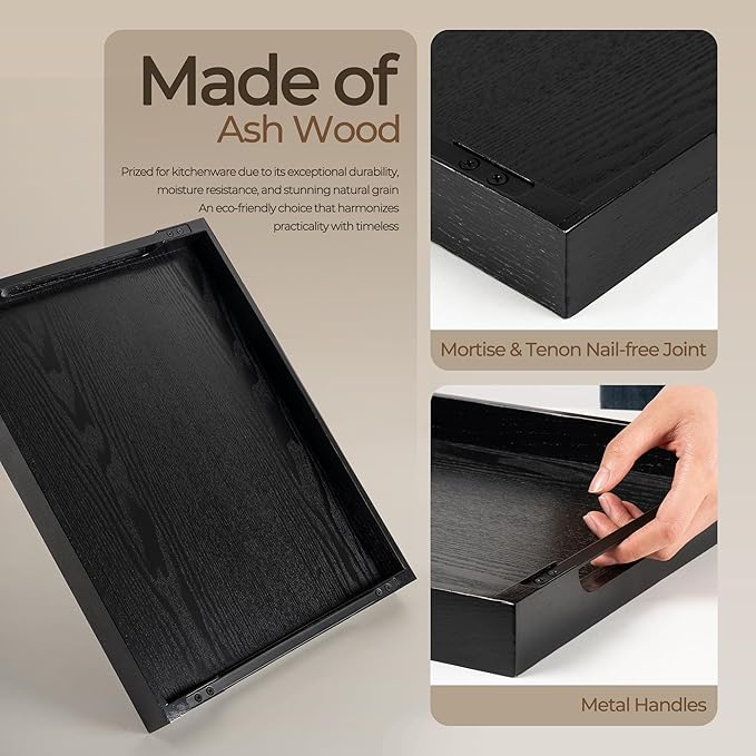 Axeman Wooden Serving Tray with Metal Handles|Ottoman Tray for Breakfast, Bed, Couch|17x13in Ash Wood Coffee Table Trays|Food Drinks Decorative Storage Boards for Ottoman Kitchen, Black-Ruum Studio Home