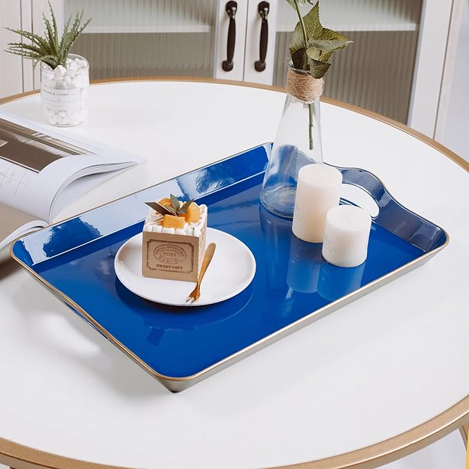 Spsyrine Large Blue Serving Tray with Handles, Plastic Decorative Tray for Coffee Table, Ottoman, Bathroom, Home Decor 17.3"*11.8"*2"-Ruum Studio Home