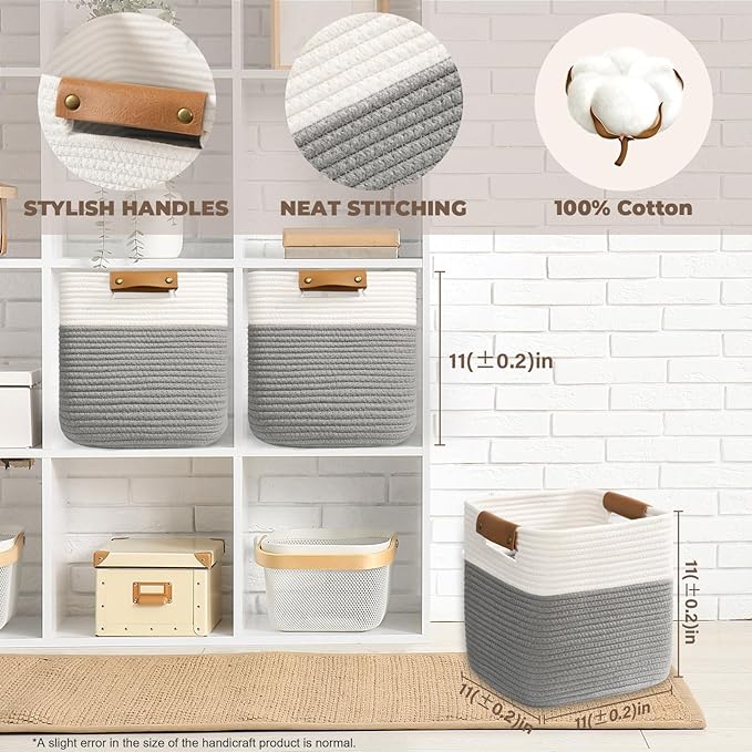 danpinera 3 Pack 11"x11" Woven Basket for Organizing, Square Storage Baskets for Pillows, Towels, Toy, Clothes, Magazines, Decorative Storage Cubes for Bedroom, Living Room, Classroom, Grey-Ruum Studio Home