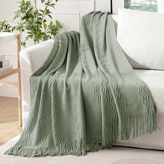 MIULEE Sage Knitted Throw Blanket for Couch Boho Green Textured Cozy Woven Decorative Farmhouse Blanket with Tassels for Sofa Chair Bed Living Room, Lightweight Spring Home Decor 50"x60"-Ruum Studio Home