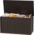 JUMMICO 250 Gallon Outdoor Resin Deck Box with Divider, Waterproof Storage Box with Lockable Lid&Side Handles for Garden Tools, Pools Supplies (Brown)-Ruum Studio Home